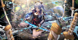 Rule 34 | 1girl, absurdres, armor, ayaka (genshin impact), blue capelet, blue eyes, blue hair, breastplate, breasts, capelet, cleavage, closed mouth, floating hair, flower knot, genshin impact, hair ornament, hair ribbon, highres, holding, holding sword, holding weapon, japanese armor, jewelry, katana, kusazuri, lankuchashuangjielong, light blue hair, light rays, long hair, looking at viewer, multiple swords, neck ring, neck tassel, outdoors, planted, planted sword, planted weapon, ponytail, ribbon, sitting, smile, solo, sword, tress ribbon, wariza, water, weapon