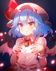 Rule 34 | 1girl, 60mai, bat wings, blue background, blue hair, blush, brooch, commentary request, dress, fang, fang out, frilled shirt collar, frills, hair between eyes, hands up, hat, hat ribbon, jewelry, looking at viewer, mob cap, nail polish, pink dress, pink hat, puffy short sleeves, puffy sleeves, red eyes, red nails, red ribbon, remilia scarlet, ribbon, short hair, short sleeves, sidelocks, smile, solo, touhou, upper body, wings