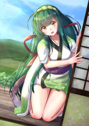 Rule 34 | 1girl, :d, absurdres, ahoge, blue sky, breasts, day, eyes visible through hair, green hair, green hairband, hairband, highres, hill, japanese clothes, kimono, kneeling, long hair, looking at viewer, lukky clover, medium breasts, open mouth, orange eyes, pea pod, sash, short kimono, shouji, sidelocks, sky, sliding doors, smile, solo, thigh gap, thighs, touhoku zunko, very long hair, vocaloid, voiceroid