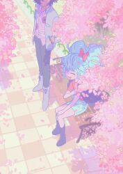 Rule 34 | 1boy, 1girl, bench, black footwear, blue hair, blue skirt, boots, bow, cherry blossoms, closed eyes, collared shirt, commentary, dark-skinned male, dark skin, falling petals, from above, full body, grey footwear, grey pants, hair bow, hands in pockets, head out of frame, highres, idol land pripara, katasumi amari, lau (laustar30), long hair, long sleeves, mario (pripara), on bench, open mouth, orange shirt, outdoors, pants, park bench, petals, pink bow, pretty series, pripara, shirt, short hair, sitting, skirt, smile, spring (season), standing, symbol-only commentary, tile floor, tiles, twintails