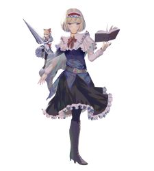 Rule 34 | 1girl, absurdres, alice margatroid, ascot, black skirt, blonde hair, blue dress, blue eyes, boots, capelet, doll, dress, frilled ascot, frills, grimoire of alice, hairband, high heels, highres, jewelry, knee boots, lance, lolita hairband, pantyhose, polearm, puffy short sleeves, puffy sleeves, puppet rings, red ascot, red hairband, ring, shanghai doll, short hair, short sleeves, simple background, skirt, solo, teasmacker, touhou, weapon, white background