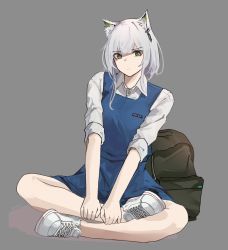 Rule 34 | 1girl, absurdres, alternate costume, animal ear fluff, animal ears, arknights, backpack, bag, blue dress, cat ears, closed mouth, collared shirt, dress, flower, full body, green eyes, grey hair, highres, kal&#039;tsit (arknights), looking at viewer, nuggetkouhai, pinafore dress, school uniform, shaded face, shirt, shoes, short hair, sitting, sleeveless dress, sleeves rolled up, sneakers, solo, white flower, white shirt