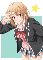 Rule 34 | 1girl, arm up, black jacket, blazer, blue background, blush, bow, breasts, brown eyes, brown hair, cardigan, closed mouth, collarbone, collared shirt, commentary request, dbmaster, highres, isshiki iroha, jacket, leaning forward, long hair, long sleeves, looking at viewer, open clothes, open jacket, pink cardigan, plaid, plaid skirt, pleated skirt, red bow, school uniform, shirt, skirt, small breasts, smile, solo, star (symbol), two-tone background, white background, white shirt, yahari ore no seishun lovecome wa machigatteiru.