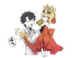 Rule 34 | 1boy, 1girl, barefoot, black hair, blonde hair, carrying, carrying person, crown, crying, dragon tail, dress, fate/grand order, fate (series), fujimaru ritsuka (male), fujimaru ritsuka (male) (decisive battle chaldea uniform), haji1nomo, nero claudius (fate), nero claudius (fate) (all), pout, queen draco (fate), queen draco (first ascension) (fate), red dress, red eyes, streaming tears, tail, tail slapping, tears, white background
