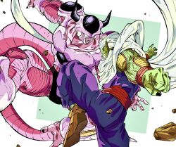 Rule 34 | 2boys, alien, alternate form, battle, black nails, brown footwear, cape, clenched hand, clenched teeth, collarbone, colored skin, debris, dougi, dragon ball, dragonball z, duel, frieza, green skin, highres, horns, leg up, looking at another, male focus, multiple boys, muscular, muscular male, namekian, oharu2000, open mouth, pants, piccolo, pink skin, pointy ears, purple pants, purple shirt, red eyes, red sash, sash, shirt, simple background, sleeveless, tail, teeth, turban, white cape
