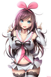 Rule 34 | 1girl, alternate breast size, bare shoulders, blue eyes, blush, bow, breasts, brown hair, cleavage, double v, hair bow, hair ribbon, highres, hip focus, kentchiro souriyadeth, kizuna ai, kizuna ai inc., lace, lace-trimmed legwear, lace trim, large breasts, long hair, looking at viewer, midriff, navel, open mouth, ribbon, short shorts, shorts, simple background, smile, solo, thighhighs, thighs, twitter username, v, virtual youtuber, white background, white thighhighs