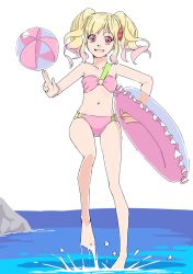 Rule 34 | 10s, 1girl, :d, aikatsu! (series), aikatsu stars!, akinbo (hyouka fuyou), ball, beachball, bikini, blonde hair, bow, collarbone, flat chest, floating hair, full body, hair bow, highres, innertube, looking at viewer, multicolored hair, navel, nijino yume, ocean, open mouth, pink bikini, pink hair, red bow, red eyes, simple background, sketch, smile, solo, strapless, strapless bikini, swim ring, swimsuit, twintails, two-tone hair, white background