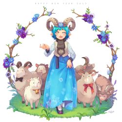 Rule 34 | 1girl, 2015, bell, neck bell, blue hair, blue skirt, bow, bowtie, collar, cuffs, curled fingers, curled horns, floral print, flower, goat horns, hair flower, hair ornament, hanbok, happy new year, horns, korean clothes, long skirt, long sleeves, new year, one eye closed, open mouth, original, pagom, pointy ears, ribbon, short hair, skirt, skirt hold, solo, vest, yellow eyes