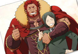 Rule 34 | 2boys, age difference, armor, beard, black hair, bob cut, cape, closed eyes, facial hair, fate/zero, fate (series), grin, hug, iskandar (fate), male focus, multiple boys, necktie, red hair, short hair, size difference, smile, standing, waver velvet, yun (neo)