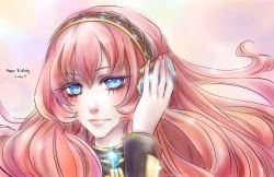 Rule 34 | !, !!, 1girl, adjusting headphones, birthday, blue eyes, blue gemstone, brooch, character name, closed mouth, english text, female focus, floating hair, gem, gradient background, hair between eyes, hand up, happy birthday, headphones, jewelry, lips, long hair, looking at viewer, megurine luka, nail polish, neck, pink hair, pink nails, seguchi sama, smile, solo, upper body, vocaloid