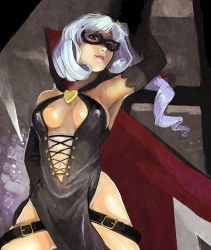 Rule 34 | 10s, 1girl, armpits, arsene, bad id, bad pixiv id, black gloves, blue hair, breasts, cape, cleavage, clothing cutout, cross-laced clothes, cross-laced cutout, curly hair, domino mask, gloves, henriette mystere, latex, latex gloves, light smile, lipstick, makeup, mask, navel, realistic, side ponytail, solo, tantei opera milky holmes, thighs, zimbabwefumi