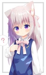 Rule 34 | 1girl, ?, animal ear fluff, animal ears, blush, bow, brown hair, cat ears, closed mouth, collared shirt, commentary request, dress shirt, hair between eyes, hair bow, hand up, highres, long hair, long sleeves, looking at viewer, nakkar, original, pink bow, purple eyes, shirt, solo, spoken question mark, sweater vest, two side up, upper body, white background, white shirt