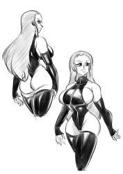 Rule 34 | 1girl, absurdres, alternate breast size, ass, bare shoulders, breasts, closed mouth, curvy, fingerless gloves, funsexydragonball, gloves, highleg, highleg leotard, highres, huge ass, large breasts, leotard, lips, long hair, looking at viewer, looking to the side, monochrome, multiple views, nico robin, one piece, shiny clothes, sketch, smile, thong leotard, toes, very long hair, water, wide hips