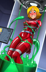 Rule 34 | 1girl, arms behind back, bdsm, blonde hair, blue eyes, blush, bodysuit, bondage, bound, breasts, clover (totally spies), highres, impossible bodysuit, impossible clothes, large breasts, metal belt, nose blush, red bodysuit, restrained, shio-bari, short hair, slime (creature), slime (substance), solo, stasis tank, stationary restraints, totally spies, whoop catsuit