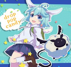 Rule 34 | 1girl, animal ears, blue eyes, blue hair, boots, drop pop candy (vocaloid), highres, hood, hoodie, long sleeves, moso4hc, open mouth, original, sheep, short hair, skirt, smile, socks, solo, song name, wings