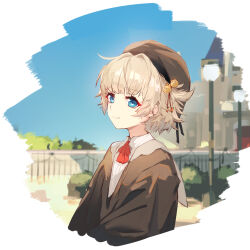 Rule 34 | 1girl, blonde hair, blue eyes, blue sky, border, brown hat, brown jacket, bush, chilunchilun, chinese commentary, closed mouth, commentary request, day, girls&#039; frontline, girls&#039; frontline neural cloud, hair ornament, hat, highres, jacket, jessie (neural cloud), lamppost, looking at viewer, m1897 (girls&#039; frontline), outdoors, shirt, short hair, sky, smile, solo, upper body, white border, white shirt