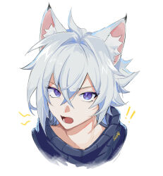 Rule 34 | 1boy, animal ears, bishounen, black sweater, cat boy, cat ears, cropped torso, highres, male focus, mizilone, mozi0322, open mouth, purple eyes, seth lowell, short hair, simple background, solo, sweater, white background, white hair, zenless zone zero