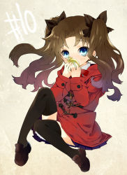 Rule 34 | 1girl, black thighhighs, blue eyes, brown hair, child, coat, compass, fate/stay night, fate/zero, fate (series), mooche, solo, thighhighs, tohsaka rin, twintails, aged down, zettai ryouiki