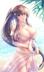 Rule 34 | 1girl, beach, bikini, blush, breasts, brown eyes, brown hair, cleavage, collarbone, cowboy shot, flower, hair between eyes, hair flower, hair ornament, kantai collection, large breasts, long hair, navel, ocean, official alternate costume, open mouth, pink flower, ponytail, ryu-akt, sarong, smile, solo, swimsuit, very long hair, white bikini, white sarong, yamato (kancolle), yamato kai ni (kancolle)