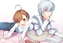 Rule 34 | 1boy, 1girl, accelerator (toaru majutsu no index), ahoge, albino, bad id, bad pixiv id, book, brown eyes, brown hair, eating, food, holding, holding food, last order (toaru majutsu no index), lying, makatani, mouth hold, on stomach, open mouth, pillow, pocky, toaru majutsu no index, white hair
