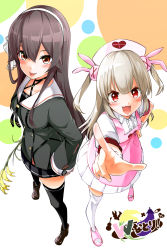 Rule 34 | .live, 2girls, absurdres, blush, brown hair, collarbone, commentary request, crossover, gashitani, hair between eyes, hat, headband, highres, looking at viewer, multiple girls, natori sana, nurse cap, open mouth, pointing, pointing at viewer, polka dot, polka dot background, sana channel, school uniform, tongue, tongue out, virtual youtuber, yaezawa natori