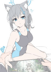 Rule 34 | !?, 1girl, ?, ??, absurdres, animal ear fluff, animal ears, bare arms, black one-piece swimsuit, blue archive, blue eyes, breasts, competition swimsuit, cross hair ornament, genshin impact, grey hair, hair ornament, halo, highres, holding, holding another&#039;s wrist, holding tablet pc, large breasts, looking at viewer, masabodo, nahida (genshin impact), official alternate costume, one-piece swimsuit, parted lips, ponytail, pov, pov hands, shiroko (blue archive), shiroko (swimsuit) (blue archive), simple background, sitting, swimsuit, tablet pc, white background