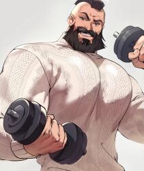 Rule 34 | 1boy, bara, beard, dumbbell, exercising, facial hair, grey sweater, highres, holding dumbbell, large pectorals, looking at viewer, male focus, mohawk, muscular, muscular male, pectorals, sei ouka, smile, solo, street fighter, street fighter 6, sweater, teeth, upper body, zangief