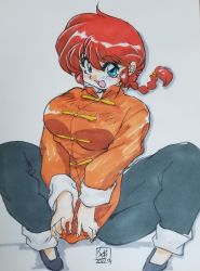 Rule 34 | 1girl, 2022, alternate breast size, blue eyes, braid, breasts, chinese clothes, dated, full body, genderswap, genderswap (mtf), happy, highres, looking at viewer, nekoyashiro, open mouth, pants, ranma-chan, ranma 1/2, red hair, saotome ranma, shiny skin, simple background, single braid, smile, solo, spread legs, tangzhuang, traditional media, white background, wide hips
