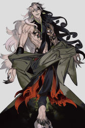 Rule 34 | 1boy, ashiya douman (fate), ashiya douman (second ascension) (fate), asymmetrical hair, bare shoulders, black eyes, black hair, curly hair, earrings, evil smile, eyeshadow, fate/grand order, fate (series), fingernails, full body, green eyeshadow, green lips, green nails, highres, jewelry, kaifei (kaifei 29), lipstick, long hair, looking at viewer, magatama, magatama earrings, makeup, male focus, multicolored hair, muscular, muscular male, nail polish, official alternate costume, outstretched arms, sharp fingernails, sharp toenails, smile, solo, split-color hair, spread arms, toenails, two-tone hair, very long fingernails, very long hair, white hair