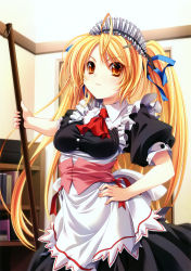 Rule 34 | 1girl, absurdres, blonde hair, book, breasts, cleavage, hand on own hip, highres, maid, miyama-zero, twintails, yellow eyes