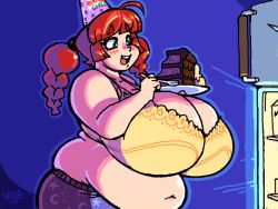 Rule 34 | 1girl, belly, bra, breasts, cake, cake slice, cleavage, eating, fat, food, fork, gigantic breasts, green eyes, hat, muffin top, pajamas, party hat, red hair, refrigerator, solo, twintails, underwear, woot