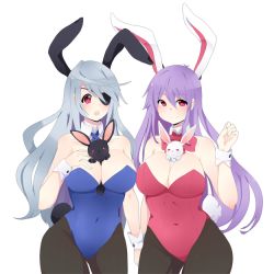 Rule 34 | 10s, 2girls, alternate breast size, animal ears, between breasts, blue leotard, breasts, drawfag, eyepatch, hand up, infinite stratos, large breasts, laura bodewig, leotard, long hair, looking at viewer, multiple girls, nashi (4chan), open mouth, pantyhose, playboy bunny, purple hair, rabbit, rabbit ears, rabbit girl, rabbit tail, red eyes, red leotard, reisen udongein inaba, ribbon, silver hair, simple background, smile, standing, tail, touhou, transparent background