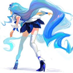 Rule 34 | 10s, 1girl, bad id, bad pixiv id, blue eyes, blue hair, blue skirt, blue theme, cure marine, from behind, heartcatch precure!, high heels, kurumi erika, long hair, magical girl, matching hair/eyes, precure, shoes, skirt, solo, taira, thighhighs, twintails, very long hair, white thighhighs