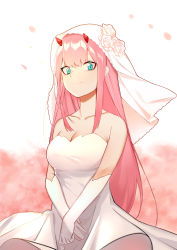 Rule 34 | 10s, 1girl, absurdres, bare shoulders, breasts, bridal veil, bride, cleavage, closed mouth, collarbone, commentary, darling in the franxx, dress, elbow gloves, english commentary, flower, gloves, green eyes, highres, horns, long hair, looking at viewer, medium breasts, pink hair, qingli green, red horns, rose, smile, solo, veil, wedding dress, white flower, white gloves, white rose, zero two (darling in the franxx)