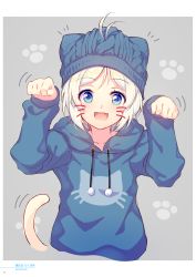 Rule 34 | .live, 1girl, absurdres, ahoge, animal hat, antenna hair, beanie, blue eyes, cat tail, dated, female focus, grey background, hands up, hat, highres, long sleeves, looking at viewer, nijihashi sora, open mouth, page number, parted bangs, paw pose, paw print, paw print background, short hair, simple background, dennou shoujo siro, smile, solo, tail, upper body, virtual youtuber, whiskers, white hair