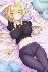 Rule 34 | \||/, alternate breast size, black shirt, black sleeves, blonde hair, breasts, bug, cellphone, closed mouth, curled fingers, dot nose, firefly, genshin impact, hair between eyes, hand up, highres, insect, knees together feet apart, large breasts, long bangs, long hair, looking at viewer, lumine (genshin impact), lying, midriff, navel, o-los, on back, pants, phone, pillow, shirt, short sleeves, slime (genshin impact), smile, taut clothes, taut shirt, thigh gap, yellow eyes, yoga pants