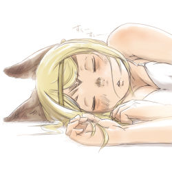 Rule 34 | 00s, 1girl, animal ears, bad id, bad pixiv id, blonde hair, closed eyes, comic, final fantasy, final fantasy xi, hair in face, lying, mithra (ff11), nucomas, on side, simple background, solo, tail, white background