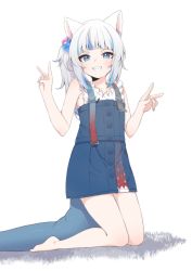 Rule 34 | 1girl, absurdres, animal ears, armpit crease, bare legs, barefoot, blue dress, blue eyes, blue hair, blue nails, blunt bangs, cat ears, cat girl, clenched teeth, double v, dress, eyelashes, feet, flat chest, frilled sleeves, frills, full body, gawr gura, gawr gura (casual), grey hair, hands up, highres, hololive, hololive english, kneeling, legs, long hair, looking at viewer, multicolored hair, nail polish, shadow, shark girl, sharp teeth, side ponytail, sidelocks, solo, streaked hair, teeth, thighs, toes, v, valefal coneri, virtual youtuber, white hair
