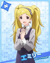 Rule 34 | 10s, 1girl, :d, blonde hair, character name, emily stewart, emily stuart, hairband, idolmaster, idolmaster million live!, interlocked fingers, long hair, looking at viewer, necktie, official art, open mouth, own hands clasped, own hands together, purple eyes, smile, solo, star (symbol), twintails