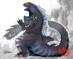 Rule 34 | absurdres, alternate universe, claws, colored skin, commentary, creature, english commentary, glowing, glowing eyes, godzilla, godzilla (series), grey skin, highres, huge filesize, kaijuu, monster, no humans, science fiction, seaguns, tokusatsu, yellow eyes