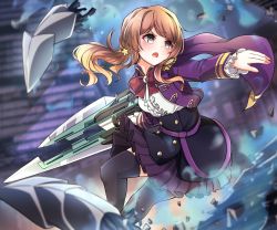 Rule 34 | 1girl, assault lily, battle, bow, bowtie, brown hair, cape, dameyoshi, epaulettes, grey eyes, highres, iijima renka, jacket, midair, open clothes, open jacket, open mouth, pleated skirt, ponytail, skirt, solo, thighhighs, weapon