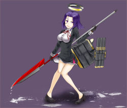 Rule 34 | 10s, 1girl, bad id, bad pixiv id, black gloves, gloves, halo, kantai collection, kneehighs, long sleeves, looking at viewer, mechanical halo, personification, purple background, purple eyes, purple hair, short hair, simple background, socks, solo, taiki666, tatsuta (kancolle)