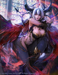 Rule 34 | &gt;:), 1girl, armor, armored boots, armpit peek, bahamut brave, bare shoulders, black hair, black thighhighs, boots, breasts, cleavage, closed mouth, demon girl, demon horns, feathered wings, fingernails, gold, hair ornament, horns, jewelry, large breasts, lipstick, long fingernails, long hair, looking at viewer, makeup, multicolored hair, navel, official art, pink eyes, pointy ears, purple lips, red wings, ring, sharp fingernails, smile, solo, stained glass, stomach, sunlight, thighhighs, two-tone hair, v-shaped eyebrows, very long hair, white hair, wings, zis