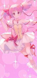 Rule 34 | 1girl, :o, absurdres, barefoot, blush, collarbone, heart, henshin, highres, kaname madoka, looking at viewer, magical girl, mahou shoujo madoka magica, mahou shoujo madoka magica (anime), pink background, pink eyes, pink hair, puffy sleeves, red eyes, ribbon, ruru (rurumagi), short twintails, solo, soul gem, sparkle, transformation, twintails