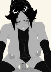 1girl bleach breasts cowgirl_position dark-skinned_female dark_skin elbow_gloves gloves large_breasts pov sex shihouin_yoruichi straddling thighhighs vaginal