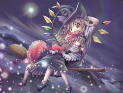 Rule 34 | 2girls, aozora market, blonde hair, broom, broom riding, closed eyes, female focus, flandre scarlet, hand on headwear, happy, hat, hug, kirisame marisa, light particles, mary janes, multiple girls, multiple riders, shoes, sidesaddle, sky, touhou, wings, witch, witch hat, yellow eyes