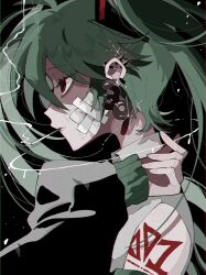 Rule 34 | 1girl, 39, barbell piercing, bare shoulders, black sleeves, cigarette, collared shirt, detached sleeves, ear piercing, earrings, from side, gauze on cheek, green hair, hair between eyes, hair ornament, hatsune miku, highres, industrial piercing, jewelry, long hair, long sleeves, looking ahead, mouth hold, number tattoo, piercing, portrait, profile, red eyes, ribbed sleeves, ringed eyes, shirt, sidelocks, sleeves past wrists, smoke trail, smoking, solo, tabun ningen, tattoo, twintails, vocaloid, white shirt