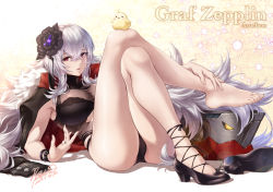Rule 34 | 1girl, azur lane, barefoot, black one-piece swimsuit, blush, breasts, cleavage, clothing cutout, feet, flower, fur trim, graf zeppelin (azur lane), graf zeppelin (beachside urd) (azur lane), hair between eyes, hair flower, hair ornament, highres, large breasts, lioreo, long hair, looking at viewer, md5 mismatch, navel cutout, one-piece swimsuit, reclining, red eyes, resolution mismatch, see-through, shoes, silver hair, single shoe, solo, source smaller, swimsuit, thighs, toes, very long hair
