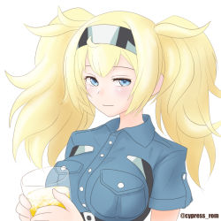 Rule 34 | 1girl, blonde hair, blue eyes, blue shirt, breast pocket, breasts, buttons, collared shirt, cup, cypress, drink, gambier bay (kancolle), gloves, hair between eyes, hairband, holding, holding cup, kantai collection, large breasts, multicolored clothes, multicolored gloves, pocket, shirt, short sleeves, sidelocks, smile, solo, twintails, twitter username, upper body