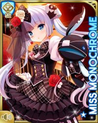 Rule 34 | 1girl, :o, black footwear, black vest, blue eyes, blunt bangs, cafe, card, character name, girlfriend (kari), hair rose, indoors, miss monochrome, miss monochrome (character), night, official art, open mouth, prison, qp:flapper, shirt, skirt, solo, tagme, thighhighs, twintails, vest, white hair, white shirt